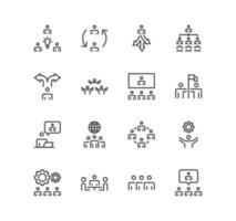 Set of business people related icons, teamwork, gear, meeting, problem discussion and linear variety vectors. vector