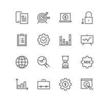 Set of engine optimization related icons, solution, optimization, strategy, target and linear variety vectors. vector