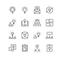 Set of creative business solutions related icons, innovation, team management, idea, plan, growth and linear variety vectors. vector