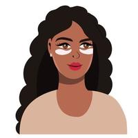 Black woman with patches on her eyes. Treatment of wrinkles, pimples, bags under the eyes. Spa treatments at home. vector illustration