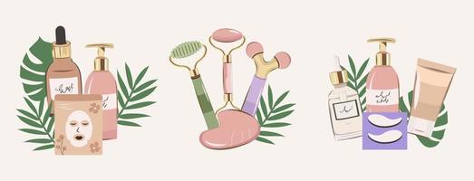 Set of compositions for skin care products, organic cosmetics, set of skin care products for women. Natural organic cosmetics for skin in colorful bottles, tubes, jars vector flat illustration.