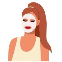 mujer con un cuidado máscara en su rostro. tratamiento de arrugas, espinillas, pantalones debajo el ojos. spa tratos a hogar. vector ilustración