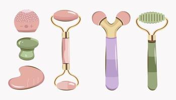 Face massage set, vector illustration. Face massagers and healing serum. Beauty product set.