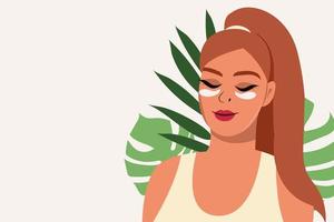 Beautiful young woman applying cosmetic product patches. Woman's face and green plant. Skin care banner. Skin care, patches, application and cosmetics. Vector illustration