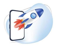 3d illustration of rocket launch from smartphone. concept of improving business. concept of launching a business. successful business. fast growing business vector