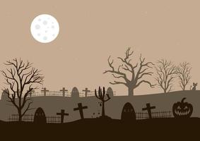 horror graveyard at night with a full moon, vector illustration.