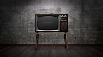 retro TV ontvanger met groen scherm staand Aan een tafel, beton muur in achtergrond video