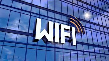 Wi-fi bandeira em escritório construção e Sol reflexão video