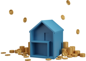 House and golden coins. 3D render illustration. png