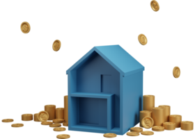 casa e dourado moedas. 3d render ilustração. png