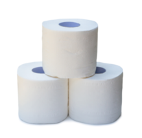 three rolls of white tissue paper or napkin in stack prepared for use in toilet or restroom isolated with clipping path and shadow in png file format