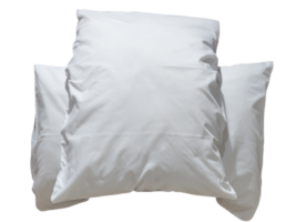 Two white pillows with cases after guest's use at hotel or resort room isolated with clipping path in png file format, Concept of comfortable and happy sleep in daily life