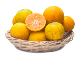 Fresh ripe or mature Shogun Tangerine oranges in bamboo wicker basket isolated with clipping path and shadow in png file format, Concept of healthy food eating