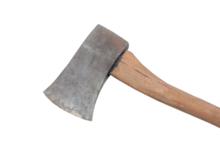 Old rust dirty dark gray ax with brown wooden helve isolated with clipping path in png file format