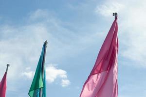 Green and pink flags on a blue sky background, copy space. Political Forum Concept photo