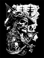 Pirate skull sketch. On black background. vector