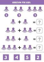 Addition for kids with cute cartoon octopus. vector