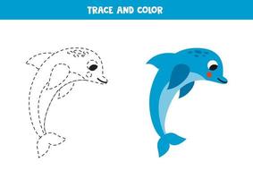 Trace and color cartoon cute dolphin. Worksheet for children. vector