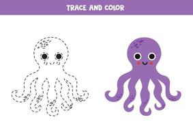 Trace and color cartoon cute purple octopus. Worksheet for children. vector