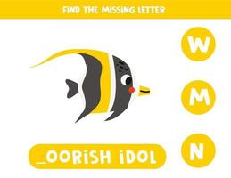 Find missing letter with cartoon Moorish idol. Spelling worksheet. vector