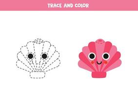 Trace and color cartoon cute sea shell. Worksheet for children. vector