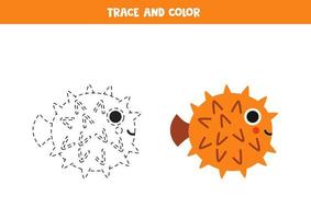 Trace and color cartoon cute blowfish. Worksheet for children. vector