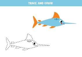 Trace and color cartoon cute swordfish. Worksheet for children. vector