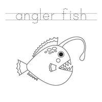 Trace the letters and color cartoon angler fish. Handwriting practice for kids. vector