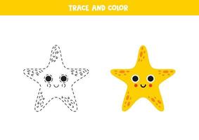 Trace and color cartoon cute starfish. Worksheet for children. vector