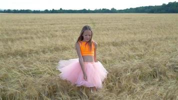 Adorable preschooler girl walking happily in wheat field on warm and sunny summer day video