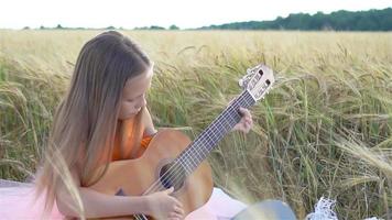 aanbiddelijk kleuter meisje in tarwe veld- Aan warm en zonnig zomer dag video