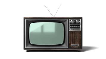 Receptor de televisión de madera vintage con pantalla verde aislado sobre fondo blanco. video
