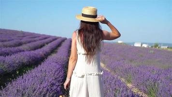 Woman in lavender flowers field at sunset in white dress and hat video