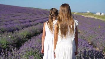 Girls in lavender flowers field at sunset in white dress video