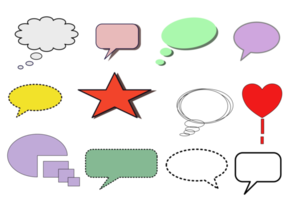 Set different dialog box, frame, speech balloon bubble colorful red violet yellow blue color in black line frame blank comment Talk chat speak message, pop art design png