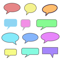 Set different dialog box, frame, speech balloon bubble colorful red violet yellow blue color in black line frame, Empty blank comment Talk chat speak message, pop art design png