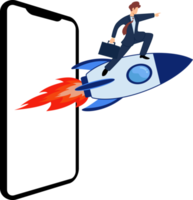 businessman on rocket launch from smartphone. concept of launching a business. successful business concept png