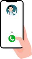 online doctor application. illustration of right hand holding a cell phone making a phone call to a doctor online png
