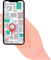 Hand halten ein Handy, Mobiltelefon Telefon mit ein Karte Anzeige. Handy, Mobiltelefon Navigation. Geographisches Positionierungs System Navigation Standort. Ort Karte png