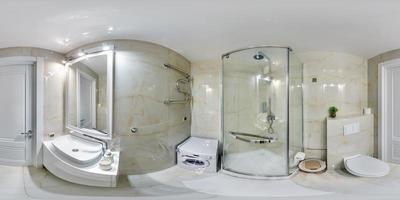 white seamless 360 hdri panorama in interior of expensive bathroom in modern flat apartments with washbasin in equirectangular projection with zenith and nadir. VR AR content photo