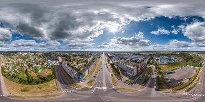 aerial full seamless spherical hdri 360 panorama view from great height over wide avenue in provincial town  in equirectangular projection. may use like sky replacement for drone 360 panorama photo