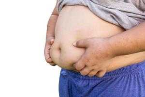 Boy fat and unhealthy on isolated white with clipping path. photo