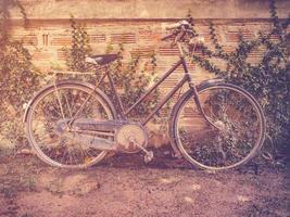 old vintage bicycle parking at grunge wall house with retro filter.