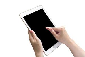 Close up hand woman holding tablet and touchscreen on isolated white with clipping path. photo