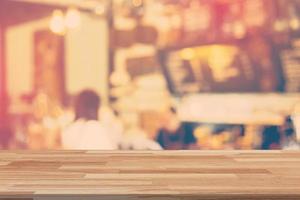 Empty wood table and Blurred background display at coffee shop with space for product. photo