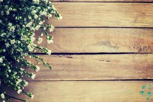 Flowers on wood texture background with copyspace. Vintage style. photo