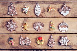 Navidad decoración conjunto con copo de nieve en mesa madera con Copiar espacio foto