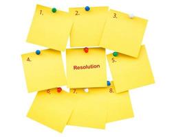 Sticky yellow blank note Resolution for New year on isolated with clipping path, For text. photo