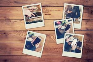 Frame photos of woman using phone and tablet set in coffee shop concept on table wood background. vintage filtered.