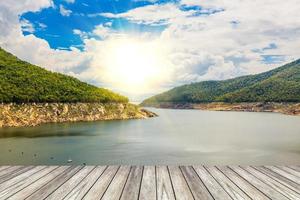 wood bridge and Hydro Power Electric Dam in Tak,Thailand. photo